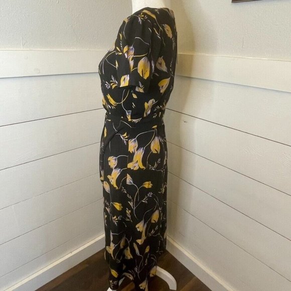 Modcloth Yellow Purple Black Floral Faux Wrap A Line Midi Dress Women's Size XXS - Picture 3 of 11